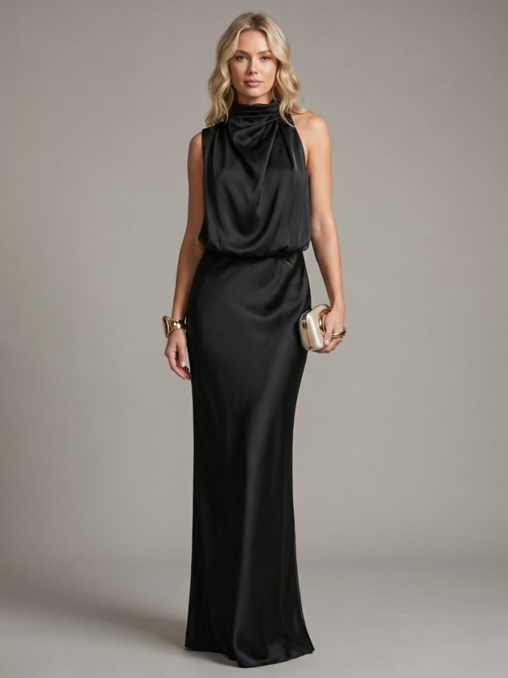 Women's Black Satin Evening Maxi Dress High Neck Draped Sleeveless Formal Gown